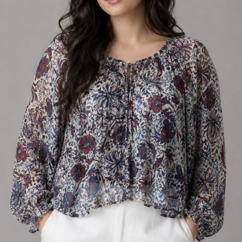 Let Me Be Anthropologie Sheer Floral Metallic Thread Peasant Blouse L Boho Fairy
